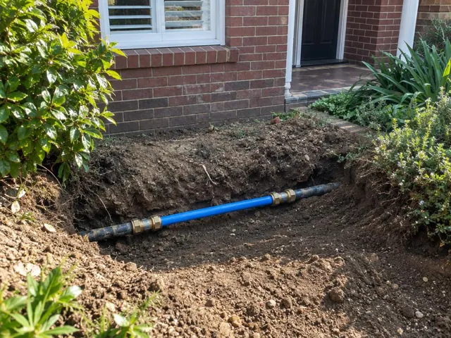 Excavated trench with a blue repaired water pipe section beside a brick house in Chatswood