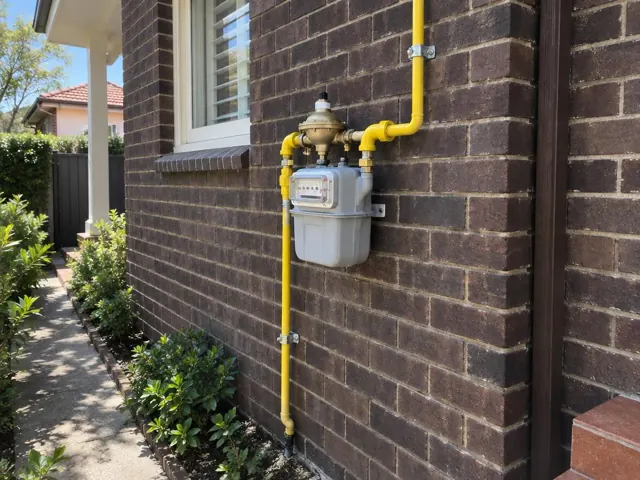 Yellow gas meter and pipework mounted on a brick house wall beside a window in Lane Cove